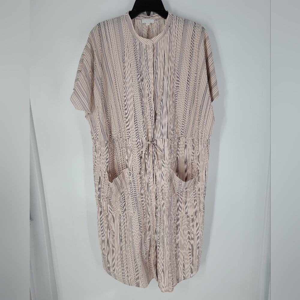 COS Pink Black Stripe Cotton Waist Tie Button Down Short Sleeve Mini Dress 14